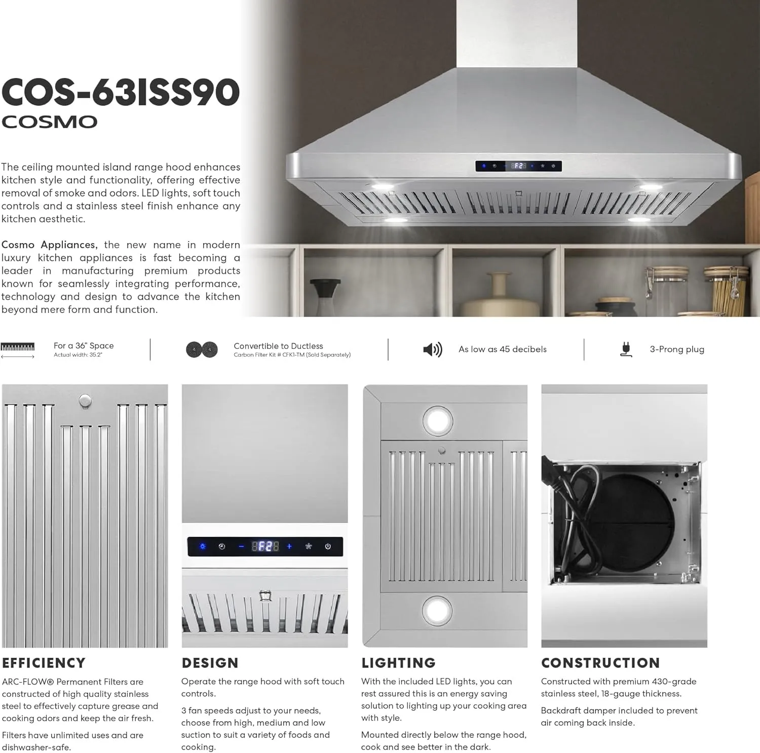 COSMO COS-63ISS90 Island Range Hood with 3-Speed Fan, 380 CFM, Permanent Filters, LED Lights, Soft Touch Controls, Ducted Kitchen Vent Hood Extractor, 36 inch, Stainless Steel