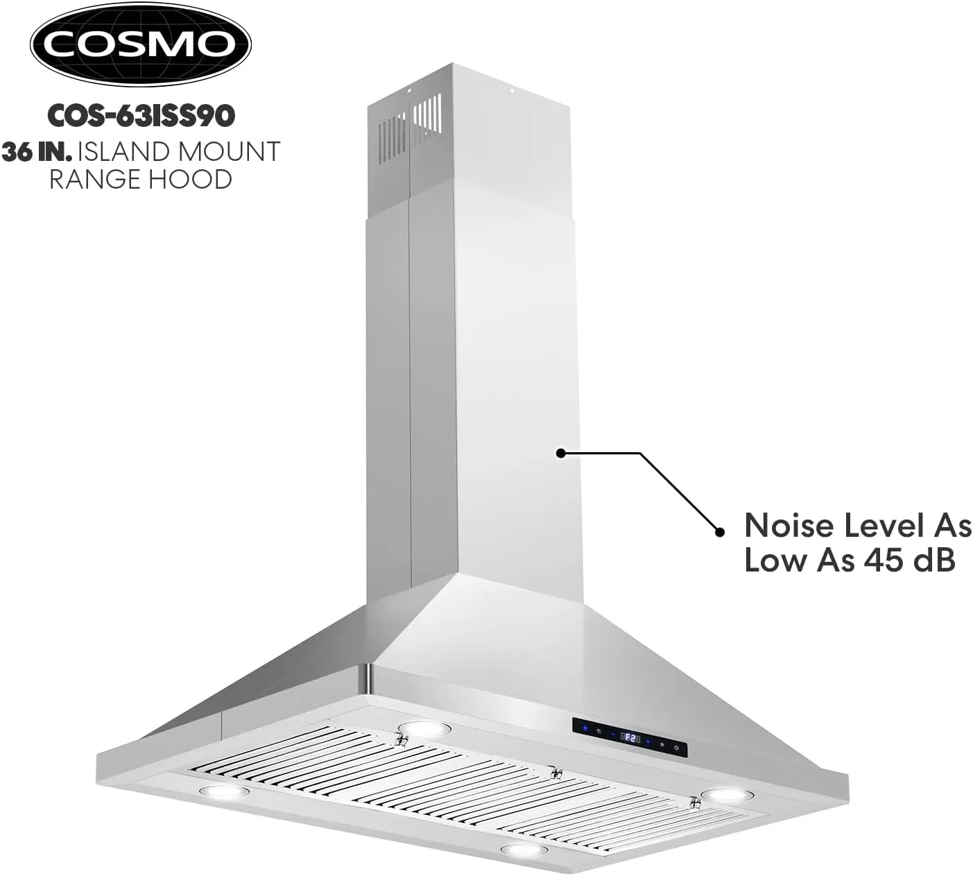 COSMO COS-63ISS90 Island Range Hood with 3-Speed Fan, 380 CFM, Permanent Filters, LED Lights, Soft Touch Controls, Ducted Kitchen Vent Hood Extractor, 36 inch, Stainless Steel