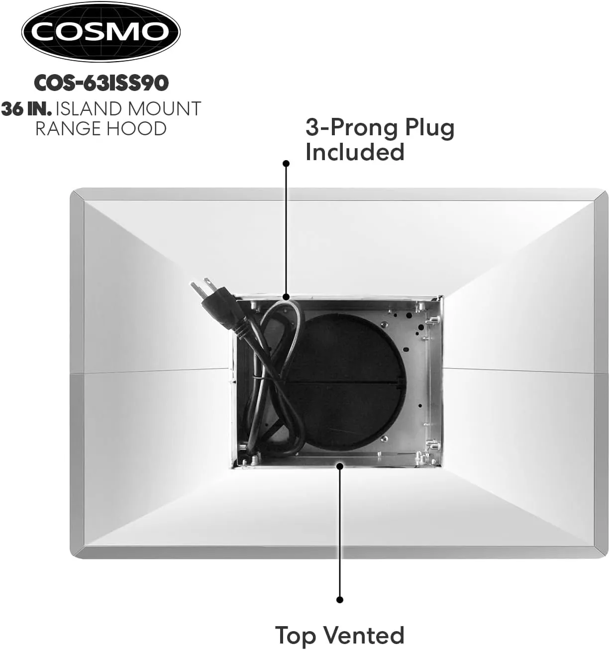 COSMO COS-63ISS90 Island Range Hood with 3-Speed Fan, 380 CFM, Permanent Filters, LED Lights, Soft Touch Controls, Ducted Kitchen Vent Hood Extractor, 36 inch, Stainless Steel