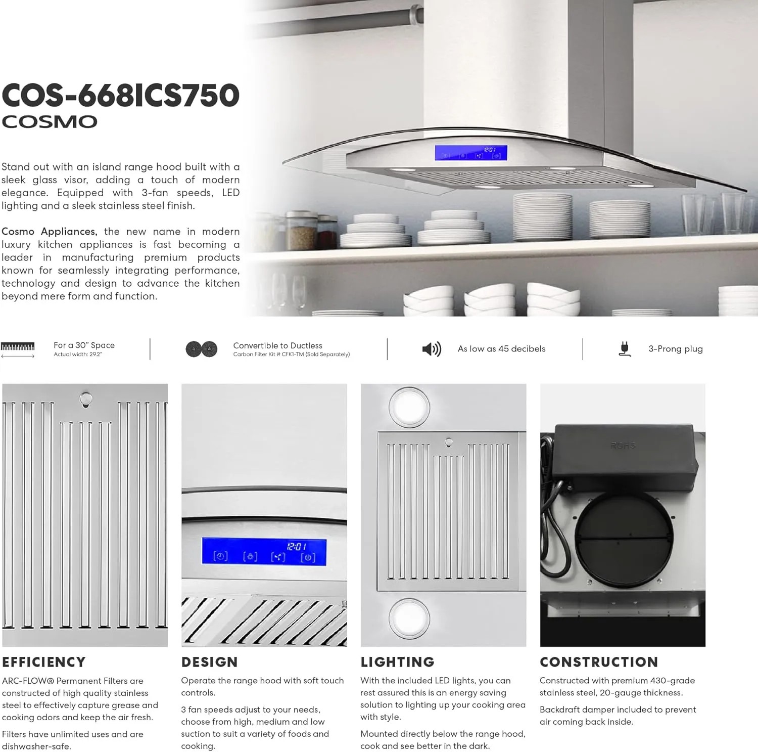 COSMO COS-668ICS750 30 in. Lumin Collection 380 CFM Ducted Island Range Hood, Soft Touch Controls, LED Lights, Stainless Steel