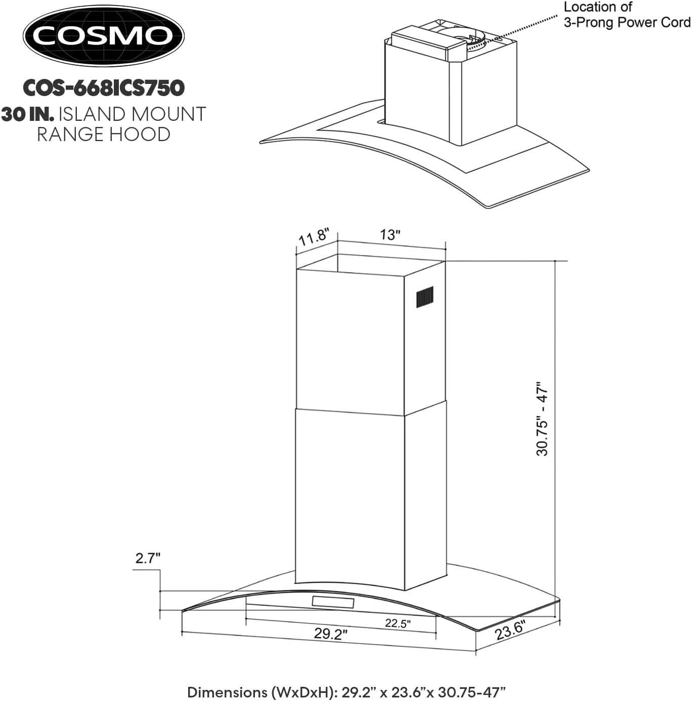 COSMO COS-668ICS750 30 in. Lumin Collection 380 CFM Ducted Island Range Hood, Soft Touch Controls, LED Lights, Stainless Steel