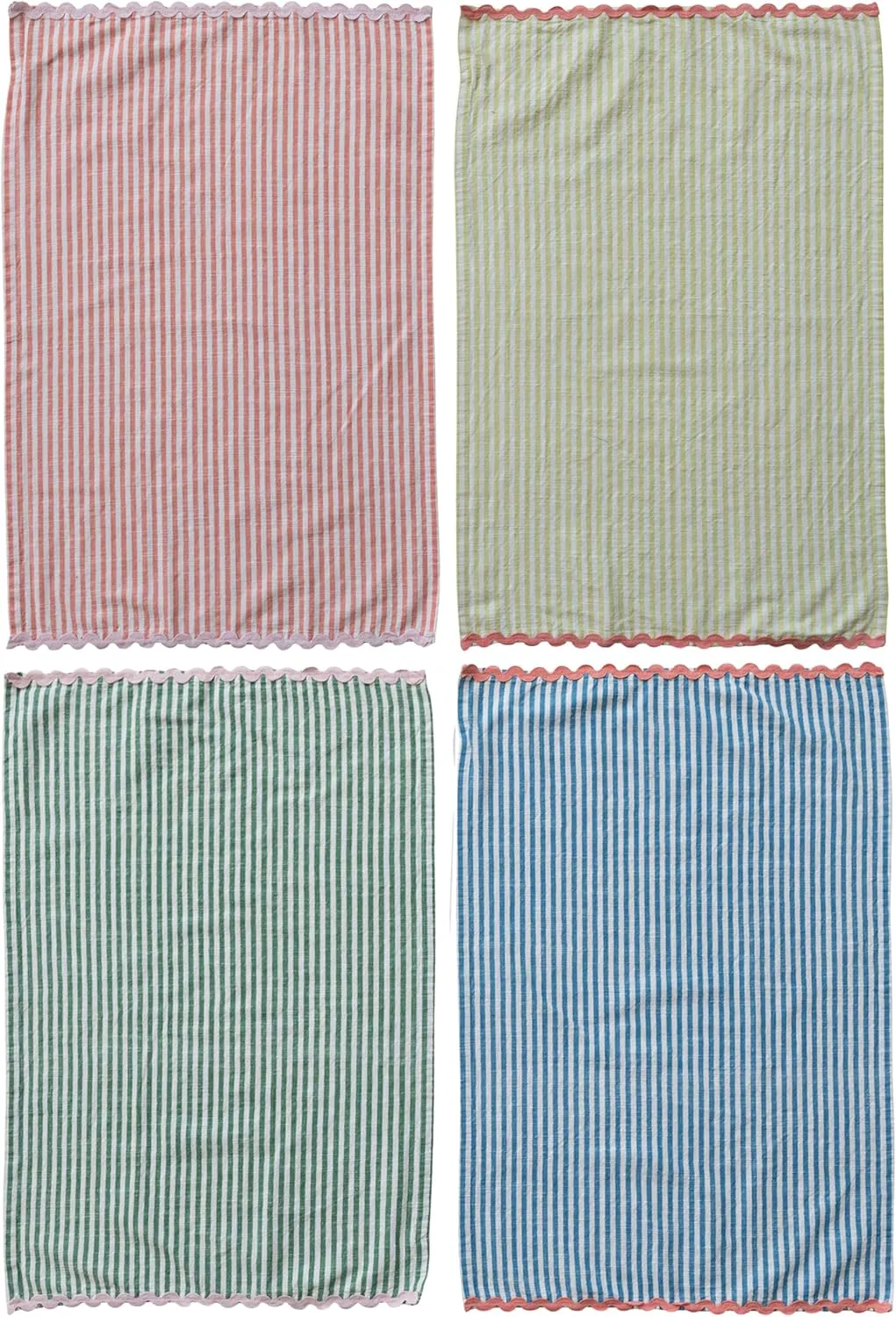 Creative Co-Op 4-Piece Woven Cotton Striped Tea Towel with RIC Rac Trim, Multicolor