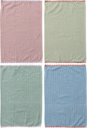 Creative Co-Op 4-Piece Woven Cotton Striped Tea Towel with RIC Rac Trim, Multicolor
