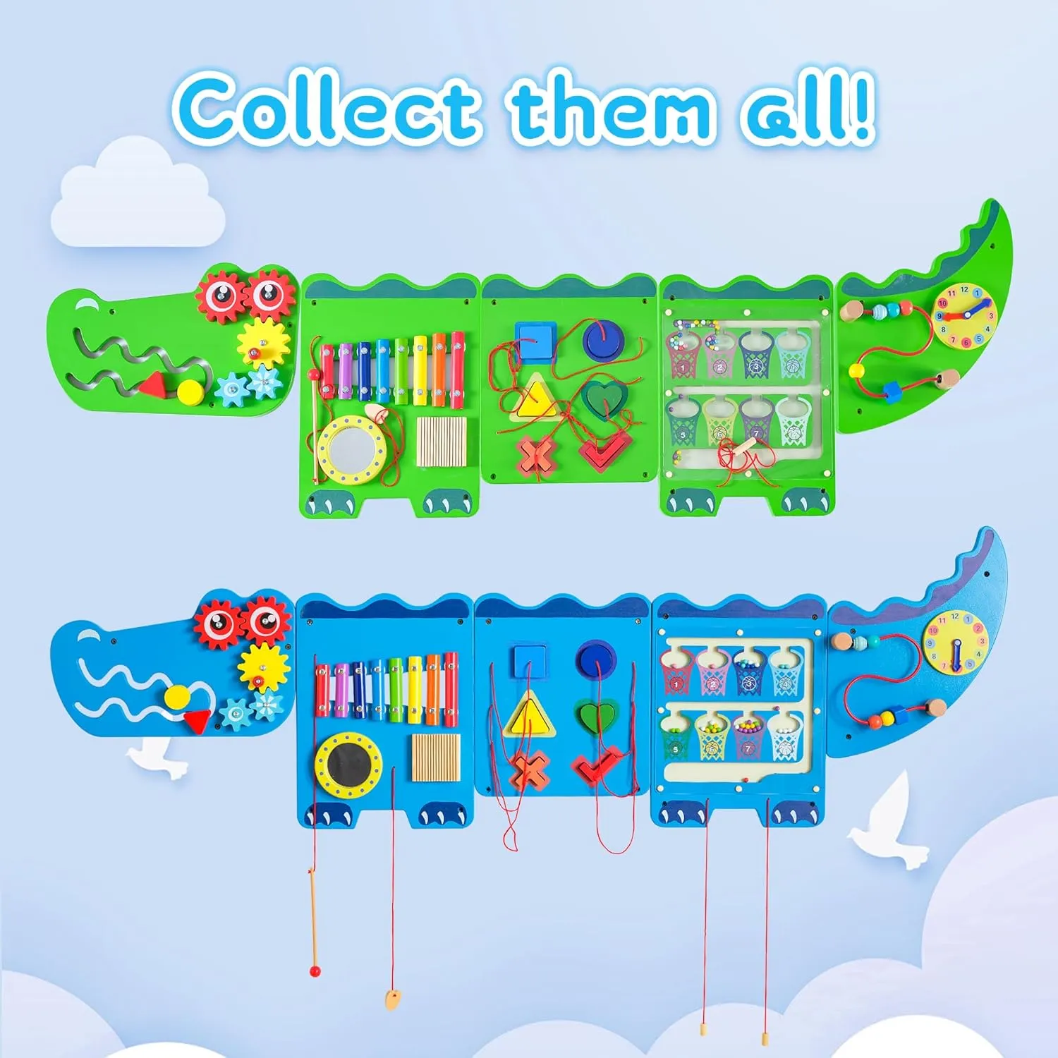 Crocodile Sensory Toys Activity Wall Panels, Educational Montessori Busy Board for Toddlers, Activity Cube - Sensory Wall, Wooden Learning Toys, Interactive Toy, Blue