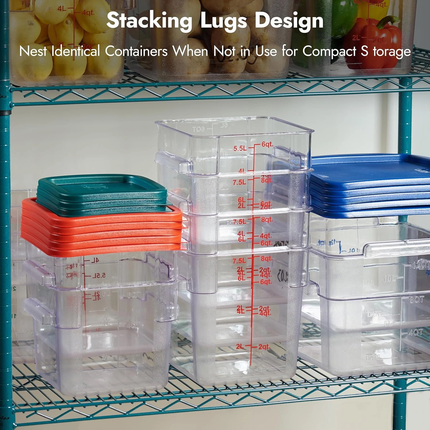 CURTA 4 Pack Food Storage Containers with Blue Lids - NSF Listed Commercial Grade in 22.0 Qt - Square, Clear, Polycarbonate