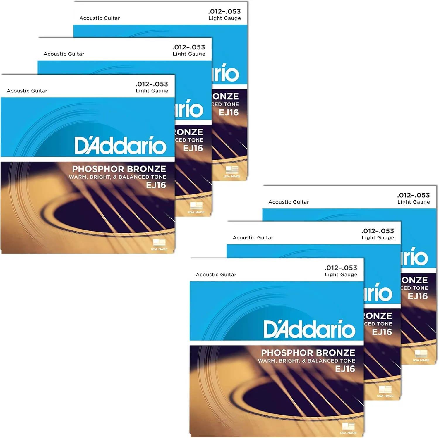 D'Addario EJ16 Acoustic Phosphor Bronze Light 12-53 6-Pack Bundle