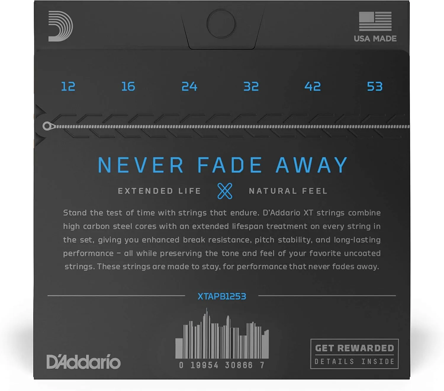 D'Addario Guitar Strings - XT Phosphor Bronze Coated Acoustic Guitar Strings - XTAPB1253 - Extended String Life with Natural Tone & Feel - For 6 String Guitars - 12-53 Light