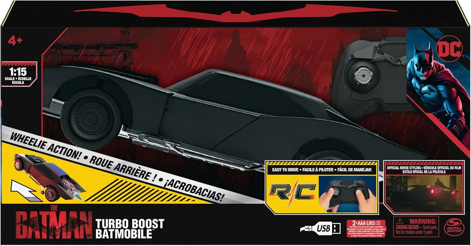 DC Comics, The Batman Turbo Boost Batmobile, Remote Control Car with Official Batman Movie Styling Kids Toys for Boys and Girls Ages 4 and Up