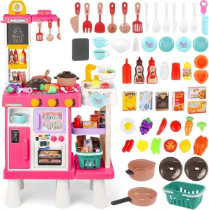 deAO Kids Kitchen Playset, Toddler Kitchen Playset with Sound & Light, Cooking Stove with Steam,Kitchen Toy for Kids Girls Boys 3-5(Pink)