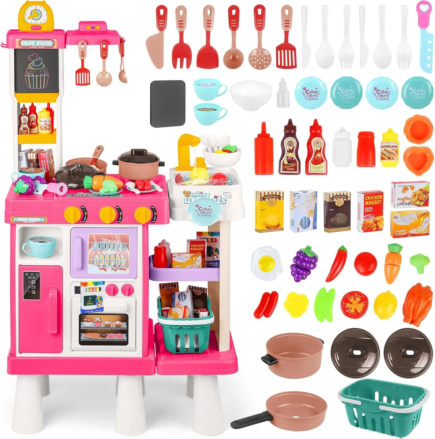 deAO Kids Kitchen Playset, Toddler Kitchen Playset with Sound & Light, Cooking Stove with Steam,Kitchen Toy for Kids Girls Boys 3-5(Pink)