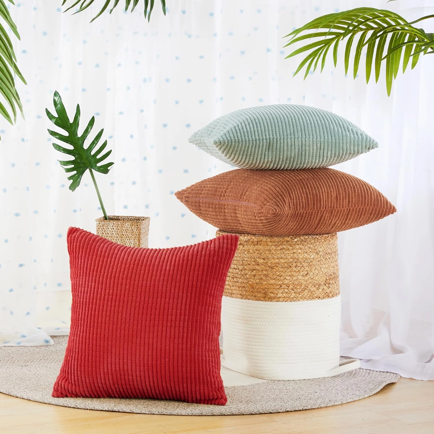 Deconovo Modern Corduroy Throw Pillow Covers Set of 2 – Elegant Soft Cushion Covers, Machine Washable Home Decor for Living Room, Sofa, Bedroom | Bright Red, 24x24 Inch