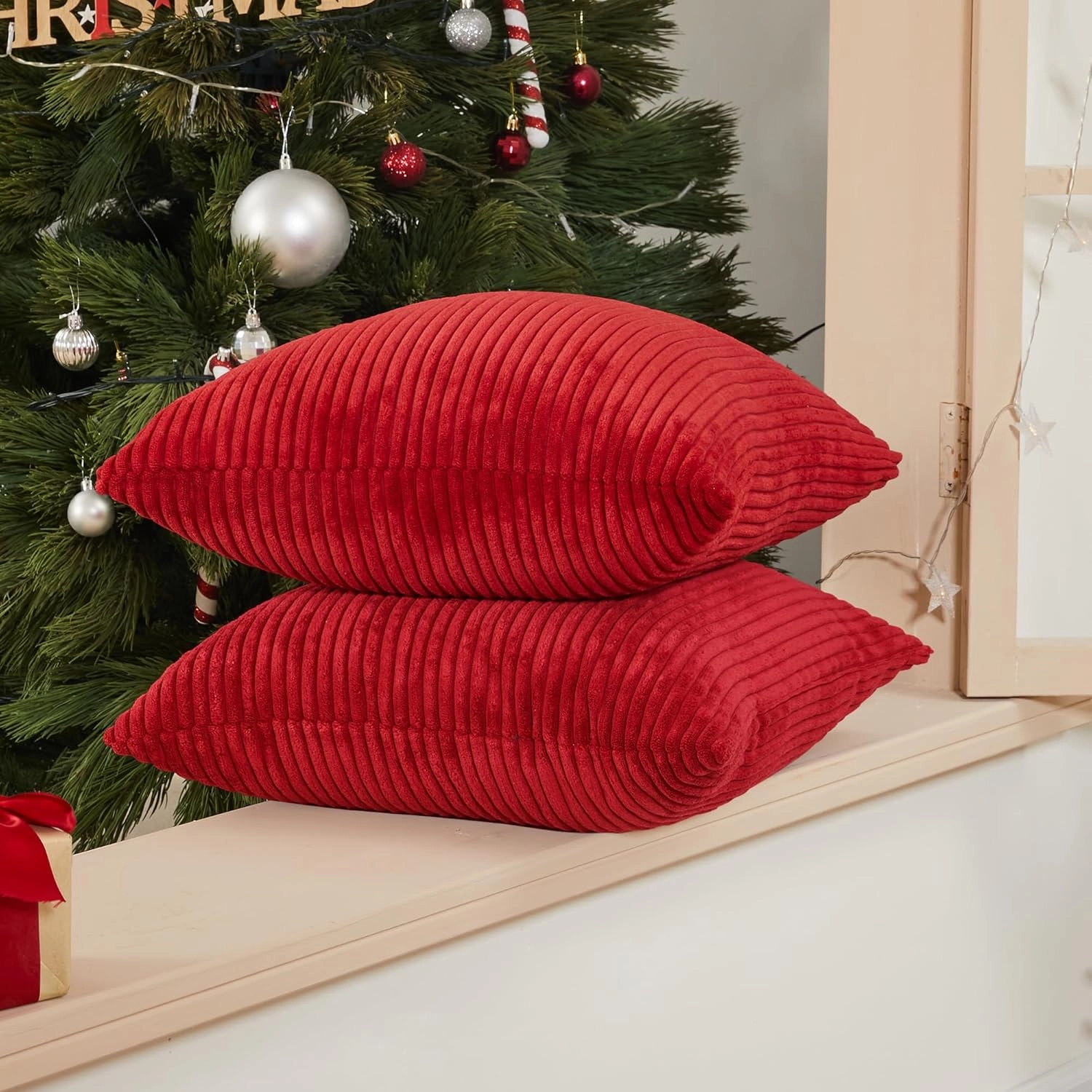 Deconovo Modern Corduroy Throw Pillow Covers Set of 2 – Elegant Soft Cushion Covers, Machine Washable Home Decor for Living Room, Sofa, Bedroom | Bright Red, 24x24 Inch