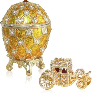 Decorative Easter Coronation Egg Replica Large 3.5 inch Hand Painted Jewelery Box for The Ultimate Home Decor Comes with Gift Unique Carriage trinket Box (Yellow)