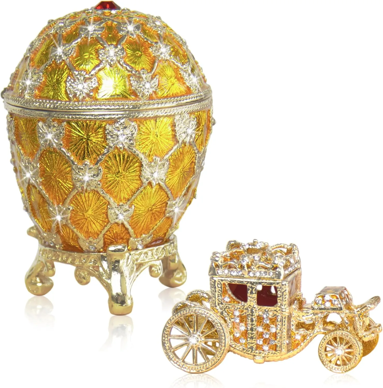 Decorative Easter Coronation Egg Replica Large 3.5 inch Hand Painted Jewelery Box for The Ultimate Home Decor Comes with Gift Unique Carriage trinket Box (Yellow)