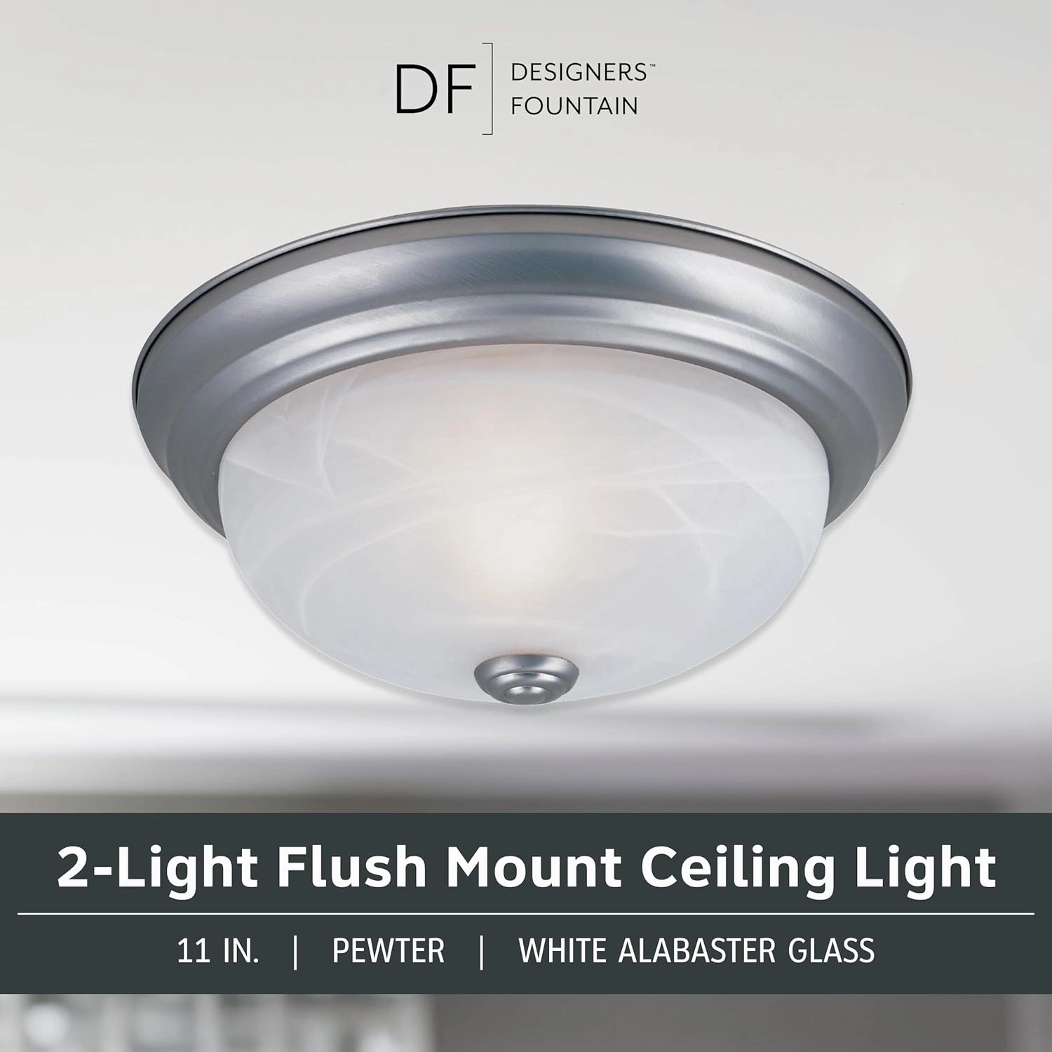 DESIGNERS FOUNTAIN 2-Light Flush Mount Ceiling Light, 11 Inch Lighting Fixture for Kitchen, Bedroom, Bathroom, and Hallway, White Alabaster Glass, Pewter, 1257S-PW-AL