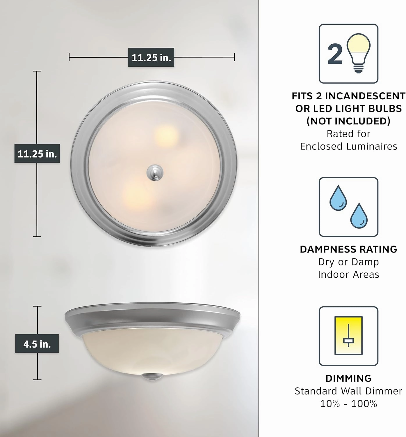 DESIGNERS FOUNTAIN 2-Light Flush Mount Ceiling Light, 11 Inch Lighting Fixture for Kitchen, Bedroom, Bathroom, and Hallway, White Alabaster Glass, Pewter, 1257S-PW-AL