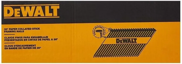 DEWALT Framing Nails, Paper Tape, 30-Degree, Smooth Shank, Bright Finish, Off-Set Round Head, 3-Inch x .120-Inch, 2500-Pack (DPT-10D120FH)
