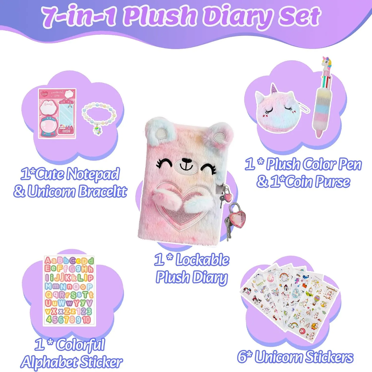 Diary with Lock for Girls – Girls Journal Set, Cute Lockable Diary with Accessories,Locking Cute Fuzzy Notebook with Multicolors Pen and Purse-Pink Bear
