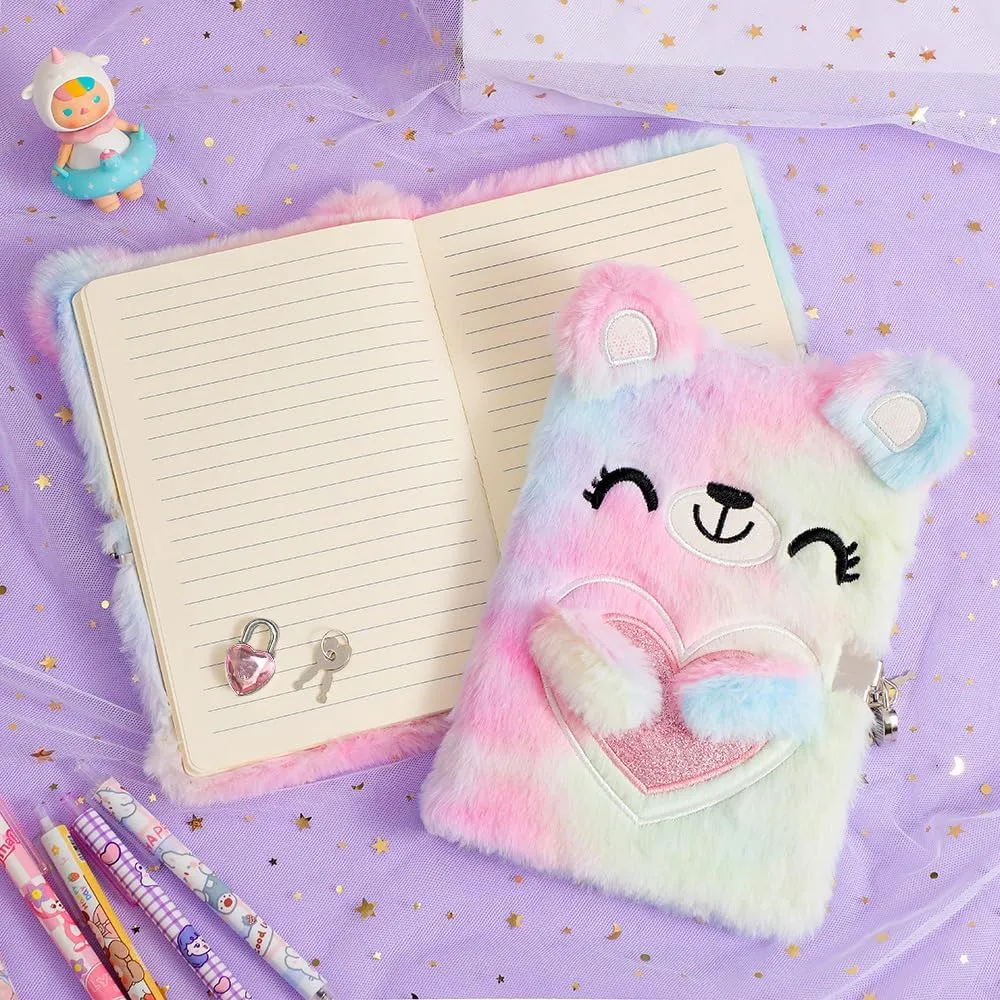Diary with Lock for Girls – Girls Journal Set, Cute Lockable Diary with Accessories,Locking Cute Fuzzy Notebook with Multicolors Pen and Purse-Pink Bear