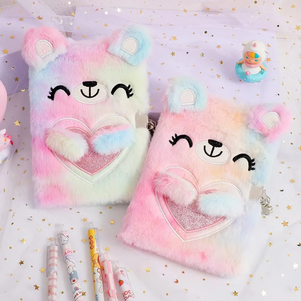 Diary with Lock for Girls – Girls Journal Set, Cute Lockable Diary with Accessories,Locking Cute Fuzzy Notebook with Multicolors Pen and Purse-Pink Bear