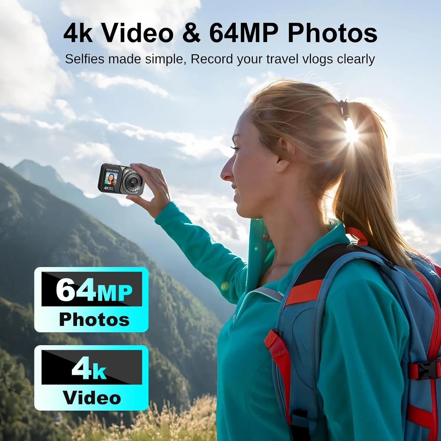 Digital Camera, 4K 64MP Dual Screens Camera, 18X Zoom, Point and Shoot Digital Camera with 64GB TF Card & 2 Batteries, Portable Rechargeable Small Camera for Kids Teens Adult, Black