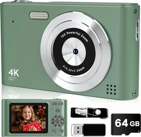 Digital Camera FHD 1080P with 64GB Card,44MP Point and Shoot Kids Camera with Anti Shake 16X Zoom，Digital Camera Vintage, Portable Small Camera Gift for Kid Girl Boy Teen (Green)
