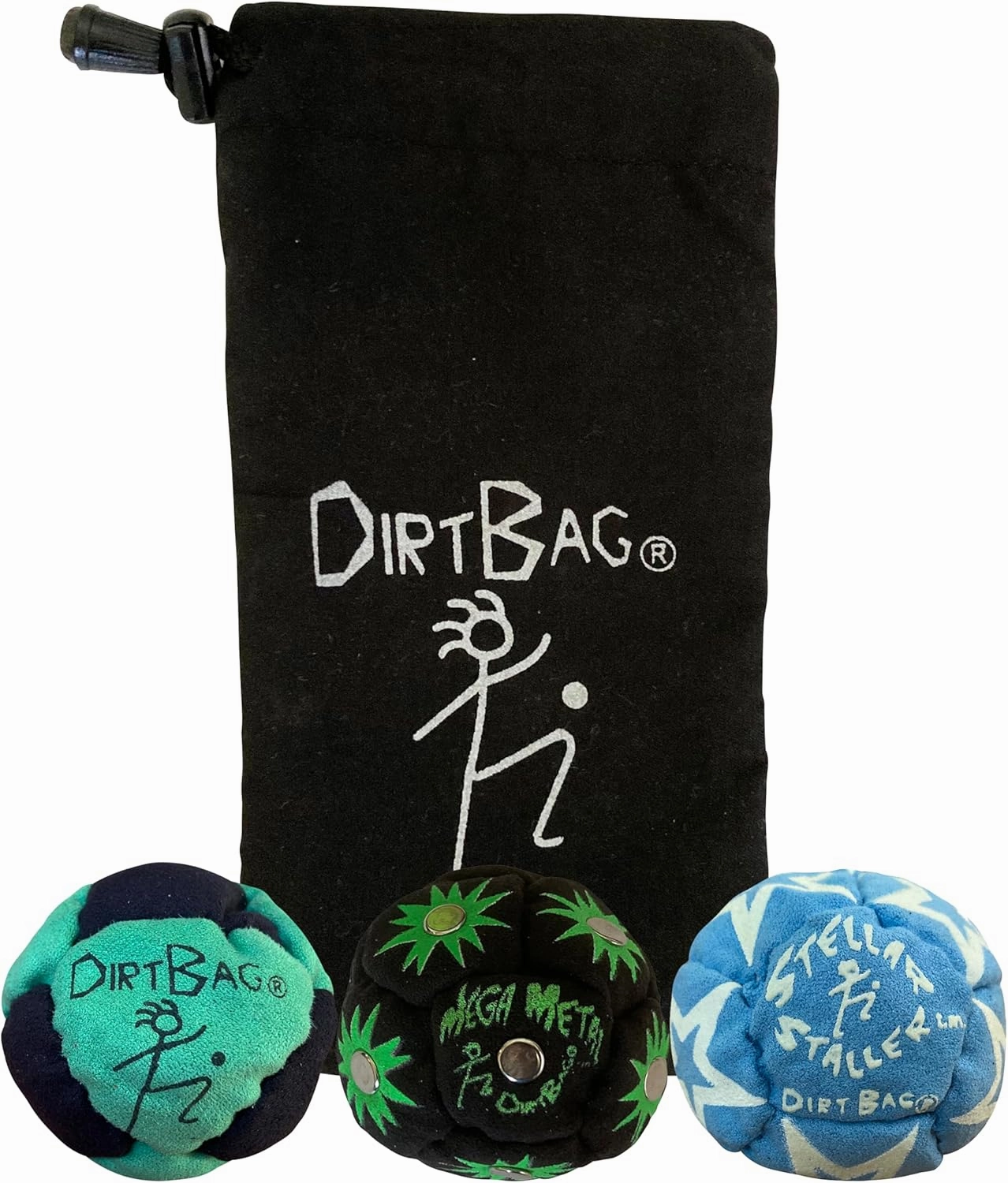 DIRTBAG All Star Footbag Hacky Sack 3 Pack with Pouch, 100% Handmade, Premium Quality, Bright Vivid Colors, Signature Carry Bag