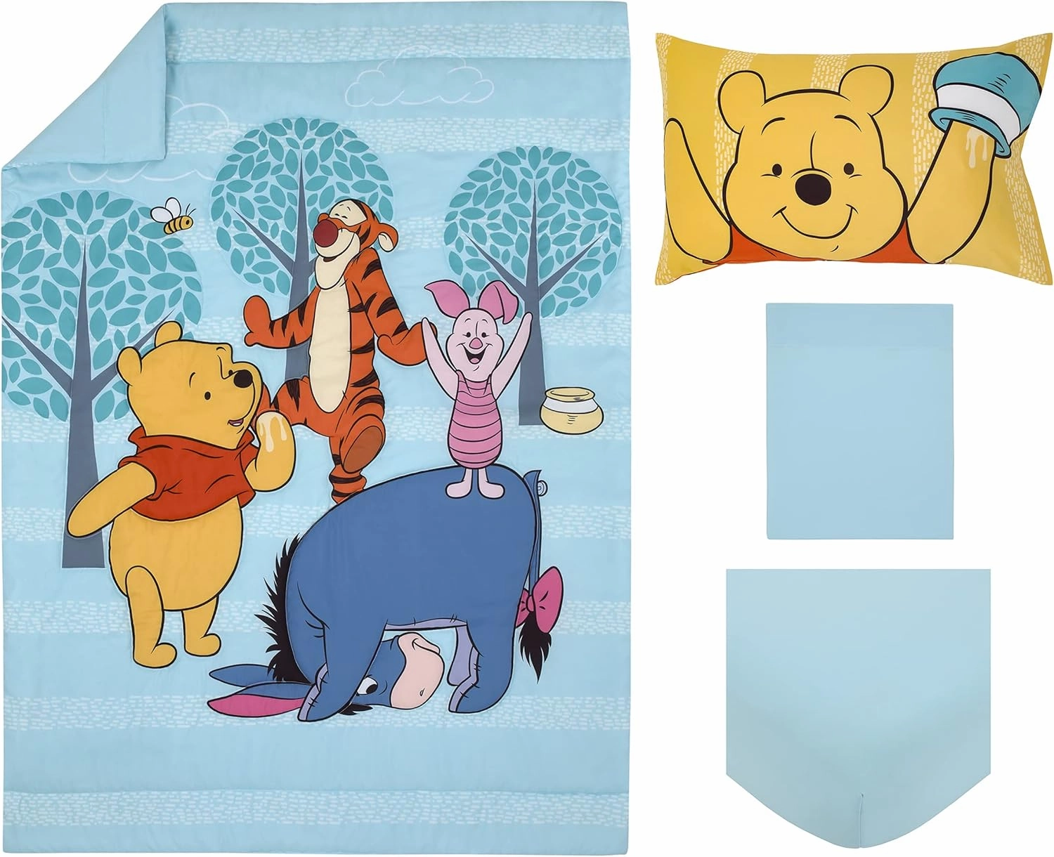 Disney Winnie The Pooh Funny Friends Aqua, Gold, Blue and Orange, Tigger, Eeyore and Piglet 4 Piece Toddler Bed Set - Comforter, Fitted Bottom Sheet, Flat Top Sheet, and Reversible Pillowcase