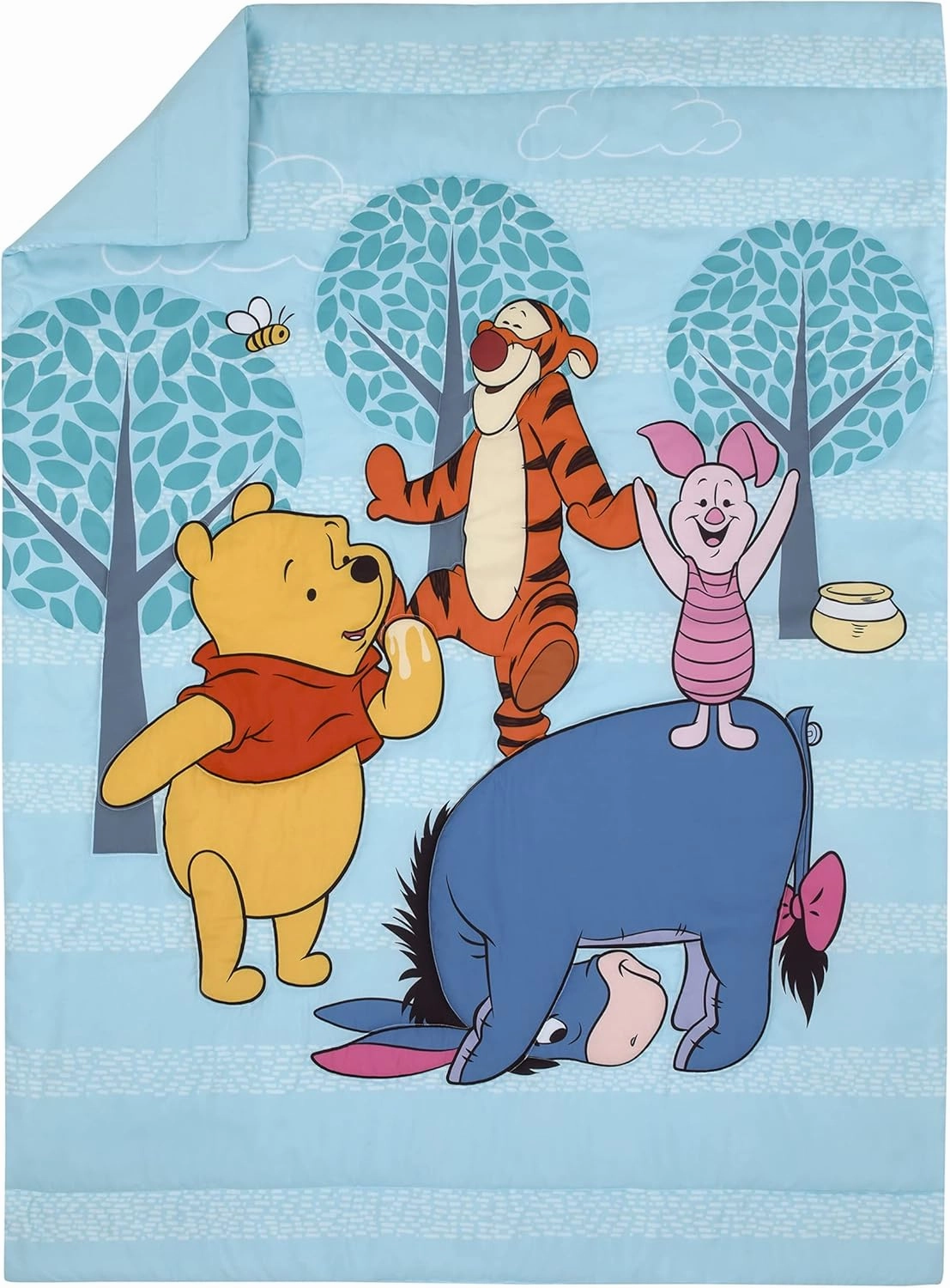 Disney Winnie The Pooh Funny Friends Aqua, Gold, Blue and Orange, Tigger, Eeyore and Piglet 4 Piece Toddler Bed Set - Comforter, Fitted Bottom Sheet, Flat Top Sheet, and Reversible Pillowcase