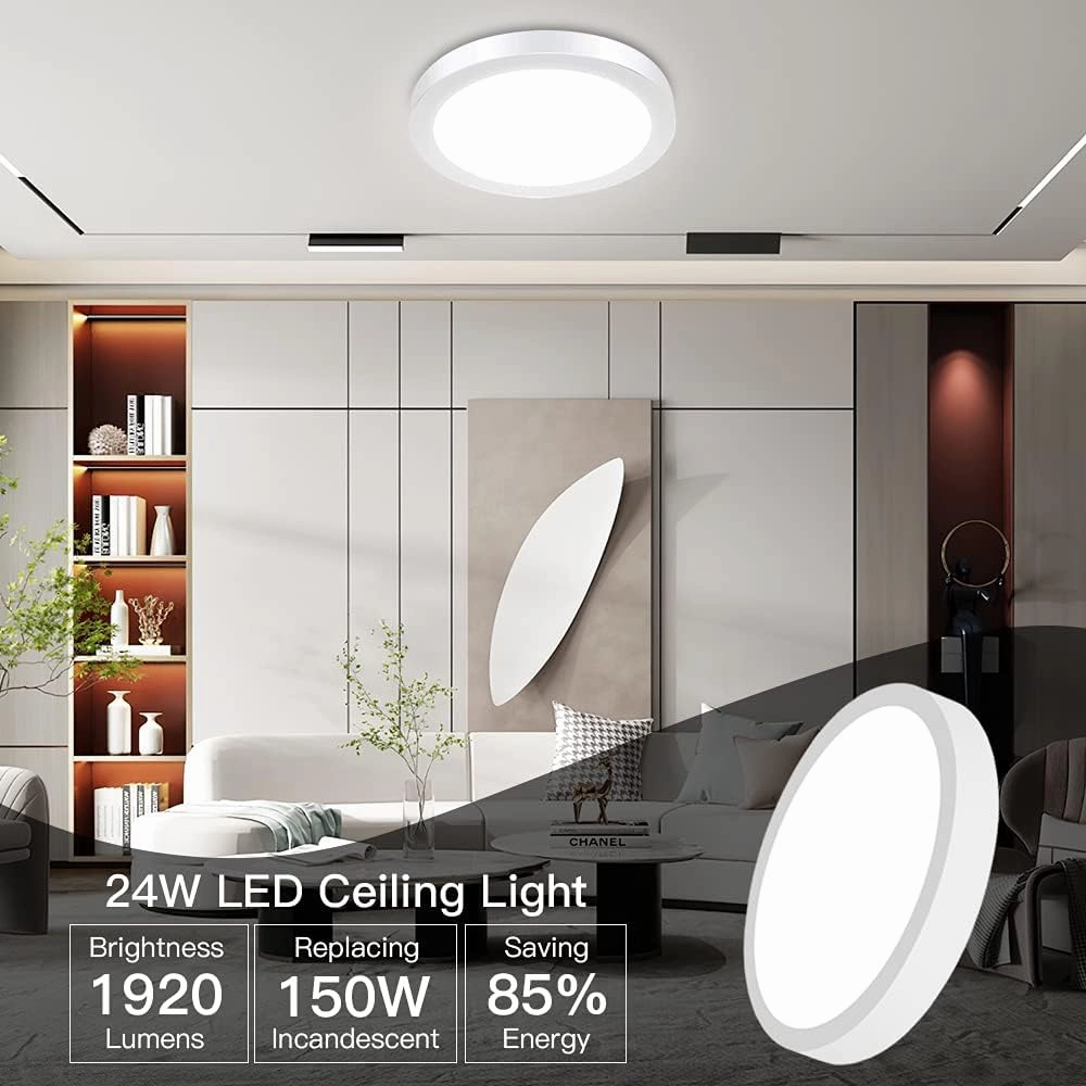 DLLT Round LED Ceiling Lights Fixture Flush Mount, 24W Surface Mount Soft Daylight, 11.81 Inch Closet Ceiling Lighting for Bathroom, Hallway, Stairwell, Basement, Garage, Kitchen