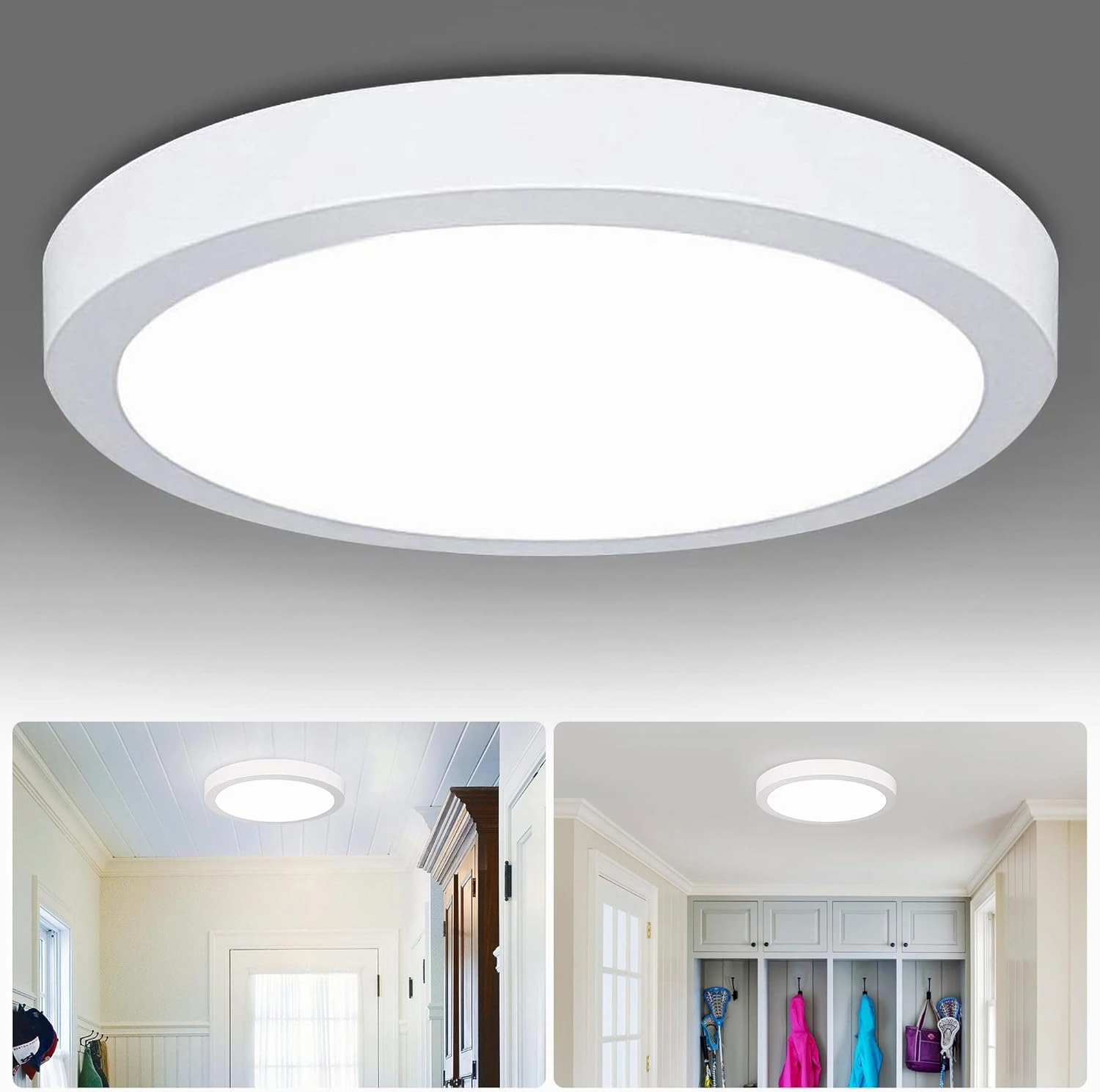 DLLT Round LED Ceiling Lights Fixture Flush Mount, 24W Surface Mount Soft Daylight, 11.81 Inch Closet Ceiling Lighting for Bathroom, Hallway, Stairwell, Basement, Garage, Kitchen