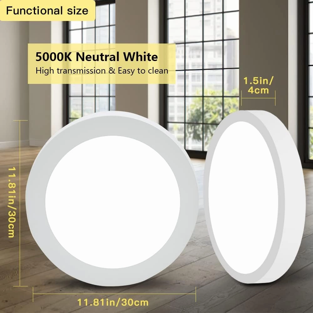 DLLT Round LED Ceiling Lights Fixture Flush Mount, 24W Surface Mount Soft Daylight, 11.81 Inch Closet Ceiling Lighting for Bathroom, Hallway, Stairwell, Basement, Garage, Kitchen