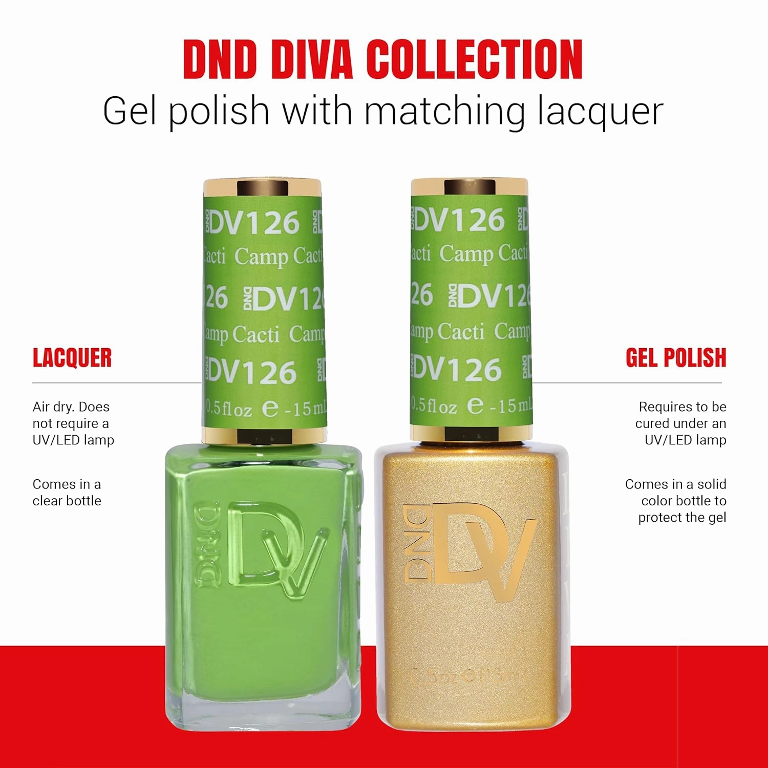 DND Diva Gel Polish Set, Soda Poppin Collection, UV/LED Gel Polish and Air Dry Nail Lacquer, Matching Chip-Free Polish Duo, 126 Camp Cacti, 0.5 Fl Oz
