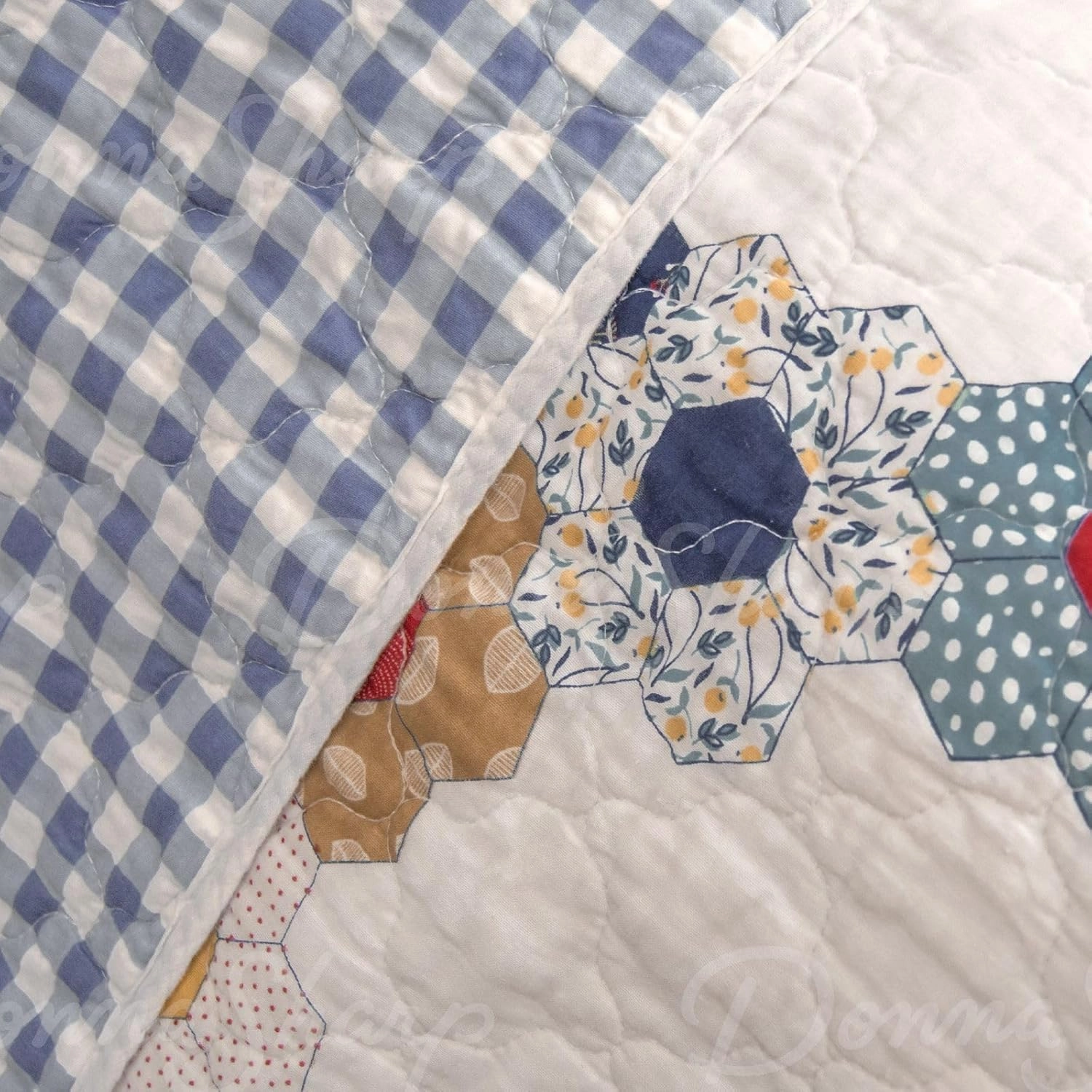 Donna Sharp Prairie Cotton Quilted Bedding Set - 3-Piece King Size Cotton Quilt Set - Includes 1 Floral Garden Hexagon Quilt and 2 Pillow Shams - Machine Washable