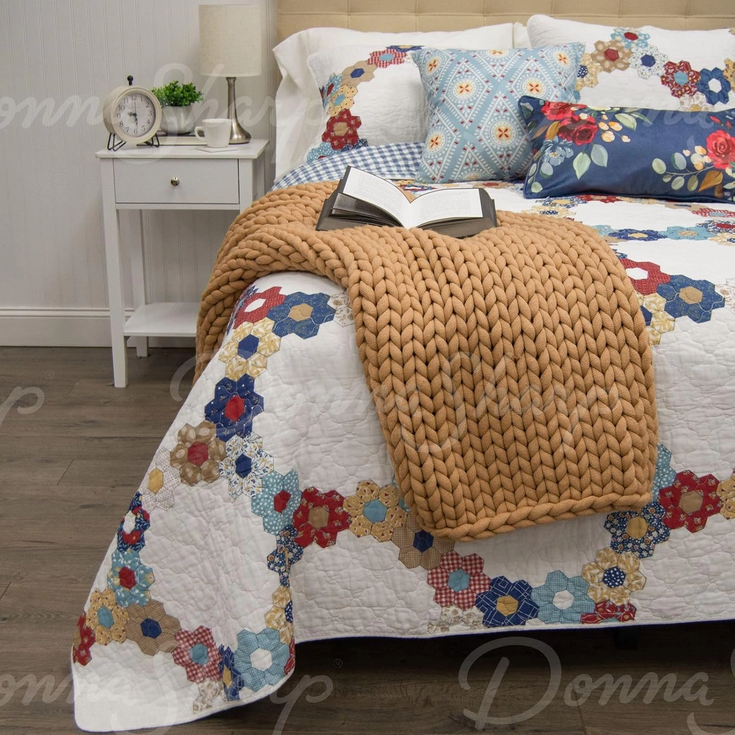 Donna Sharp Prairie Cotton Quilted Bedding Set - 3-Piece King Size Cotton Quilt Set - Includes 1 Floral Garden Hexagon Quilt and 2 Pillow Shams - Machine Washable