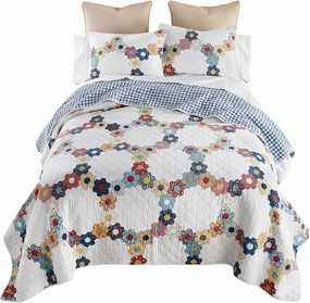 Donna Sharp Prairie Cotton Quilted Bedding Set - 3-Piece King Size Cotton Quilt Set - Includes 1 Floral Garden Hexagon Quilt and 2 Pillow Shams - Machine Washable
