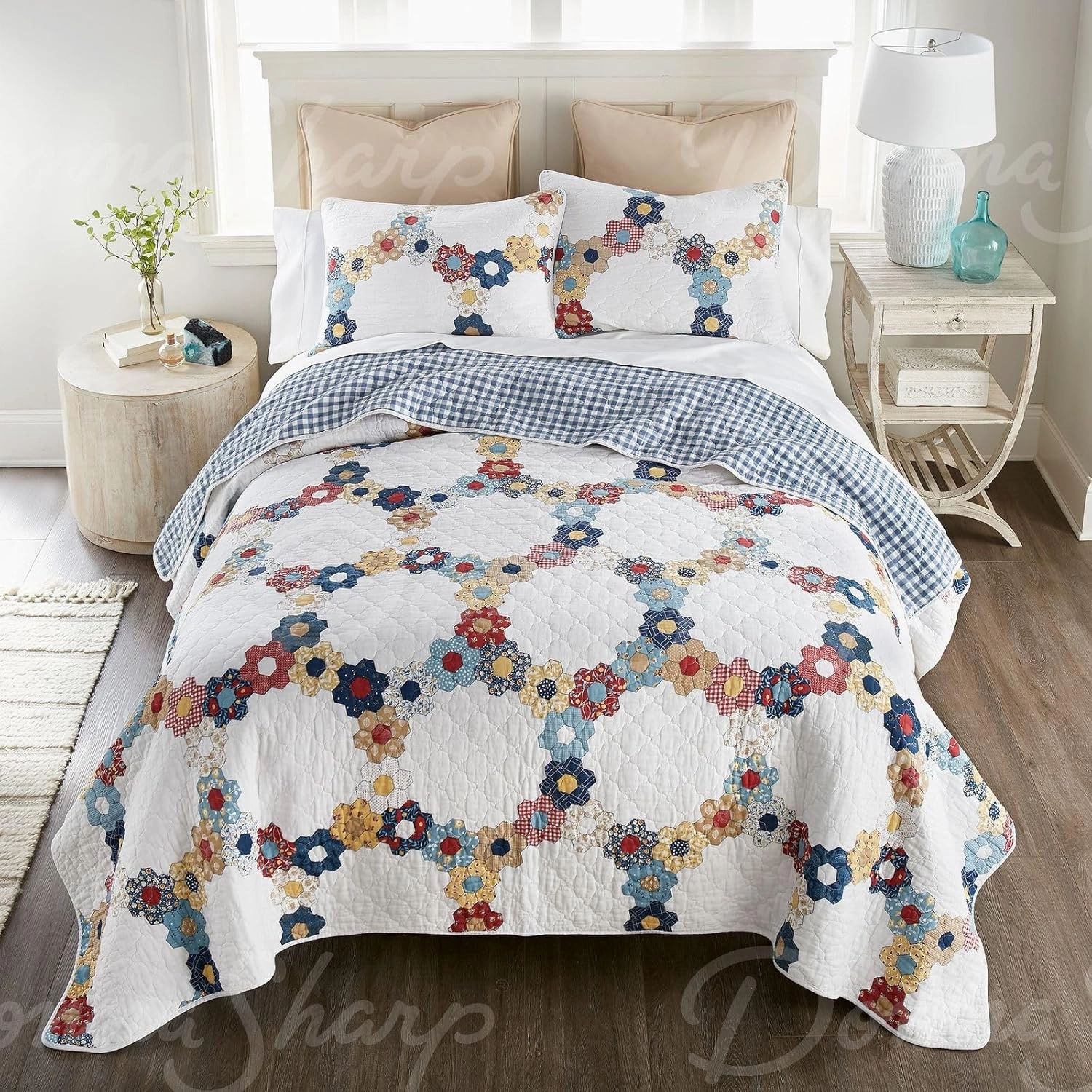 Donna Sharp Prairie Cotton Quilted Bedding Set - 3-Piece King Size Cotton Quilt Set - Includes 1 Floral Garden Hexagon Quilt and 2 Pillow Shams - Machine Washable