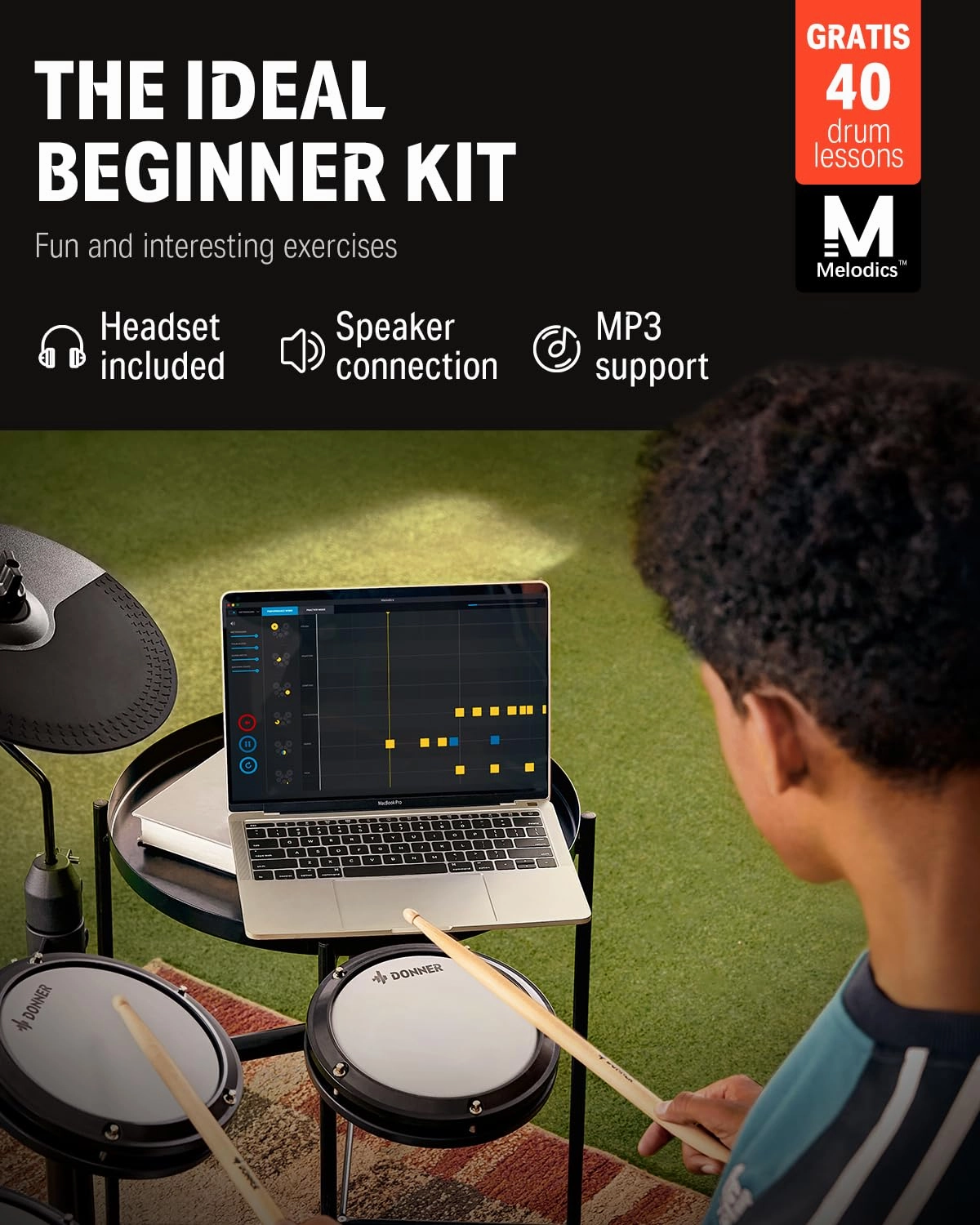 Donner DED-80 Electronic Drum Set with 4 Quiet Mesh Pads, 180  Sounds, 2 Pedals, Throne, Headphones, Sticks, and Melodics Lessons