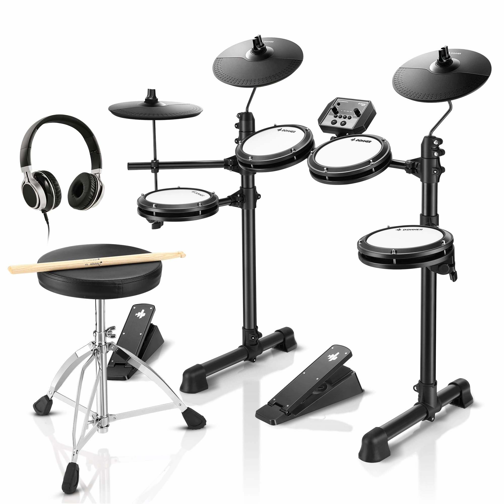 Donner DED-80 Electronic Drum Set with 4 Quiet Mesh Pads, 180  Sounds, 2 Pedals, Throne, Headphones, Sticks, and Melodics Lessons