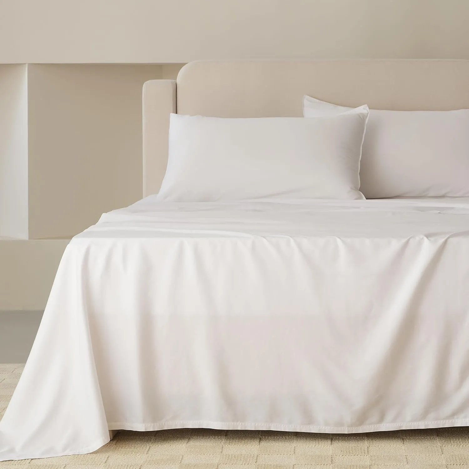Double Stitch Cotton Tencel Sheet - Bed Sheets Set Queen Size, 4Pc Luxury Hotel Bedding Set, Soft, Cooling & Breathable for Hot Sleepers, Deep Pocket Up to 16 Inches, Bright White