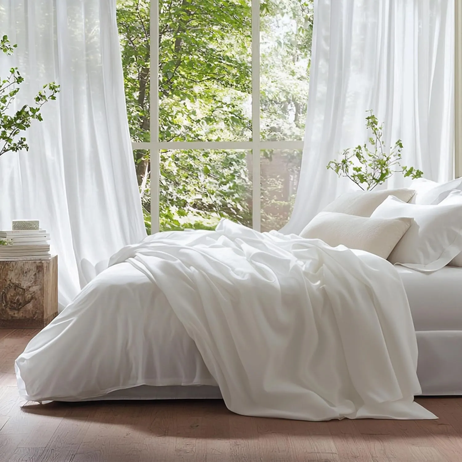 Double Stitch Cotton Tencel Sheet - Bed Sheets Set Queen Size, 4Pc Luxury Hotel Bedding Set, Soft, Cooling & Breathable for Hot Sleepers, Deep Pocket Up to 16 Inches, Bright White