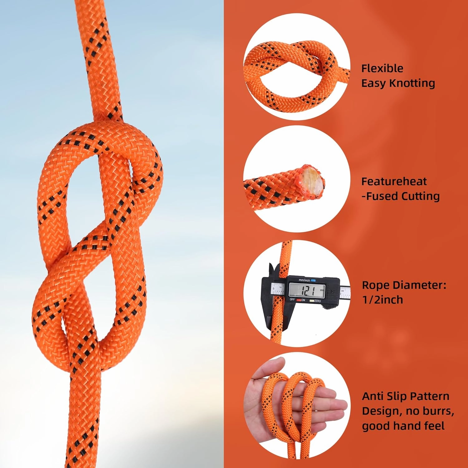 Double Braided Polyester Rope,Arborist Rigging Rope,1/2 in x 150 ft,48 Strands for Tree Work Camping,Swinging,Sailing and Various Outdoor Activities, Orange/Black