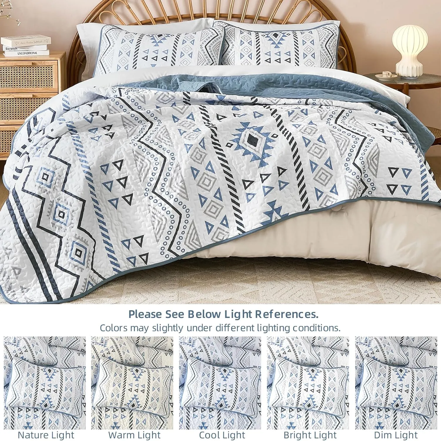 Drucon Boho Queen Size Aztec Quilt Set 3 Pieces Blue Ultra Soft Lightweight Quilt Beddding Set, Microfiber Bohemian Bedspread Coverlet Set with 2 Pillowcases for All Season (Queen, 90"x96")