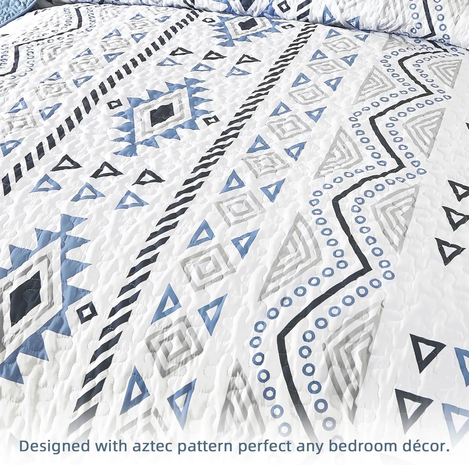 Drucon Boho Queen Size Aztec Quilt Set 3 Pieces Blue Ultra Soft Lightweight Quilt Beddding Set, Microfiber Bohemian Bedspread Coverlet Set with 2 Pillowcases for All Season (Queen, 90"x96")