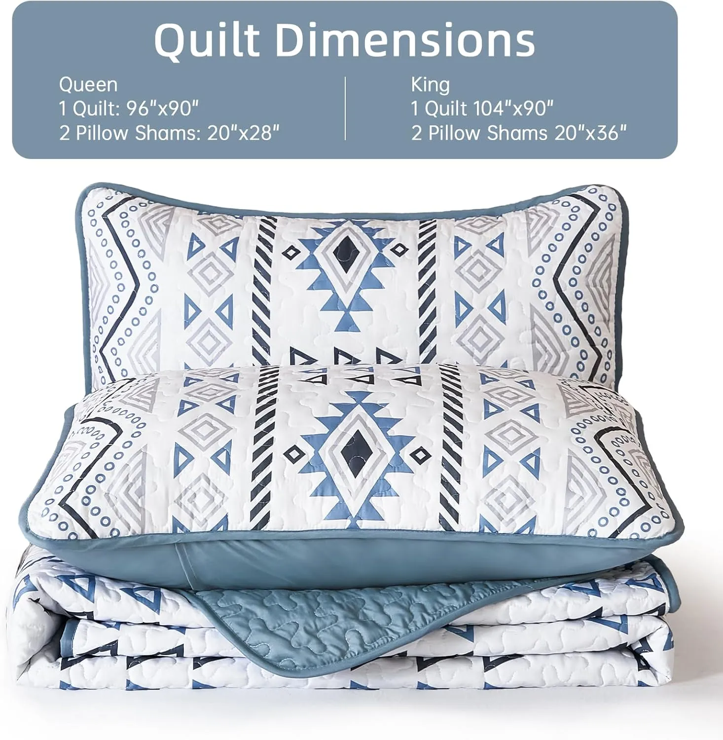 Drucon Boho Queen Size Aztec Quilt Set 3 Pieces Blue Ultra Soft Lightweight Quilt Beddding Set, Microfiber Bohemian Bedspread Coverlet Set with 2 Pillowcases for All Season (Queen, 90"x96")