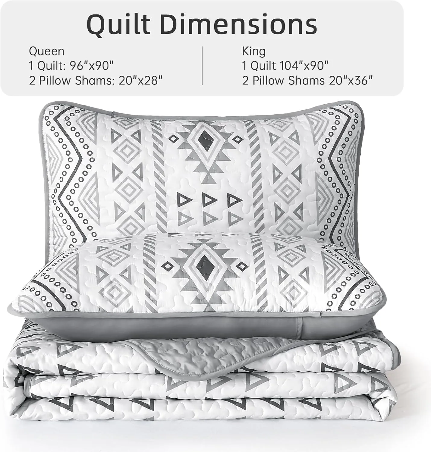Drucon Boho Queen Size Aztec Quilt Set 3 Pieces Grey Ultra Soft Lightweight Quilt Beddding Set, Microfiber Bohemian Bedspread Coverlet Set with 2 Pillowcases for All Season (Queen, 90"x96")