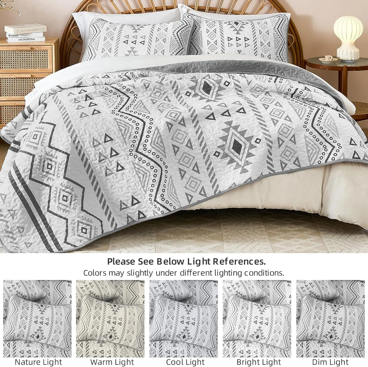 Drucon Boho Queen Size Aztec Quilt Set 3 Pieces Grey Ultra Soft Lightweight Quilt Beddding Set, Microfiber Bohemian Bedspread Coverlet Set with 2 Pillowcases for All Season (Queen, 90"x96")