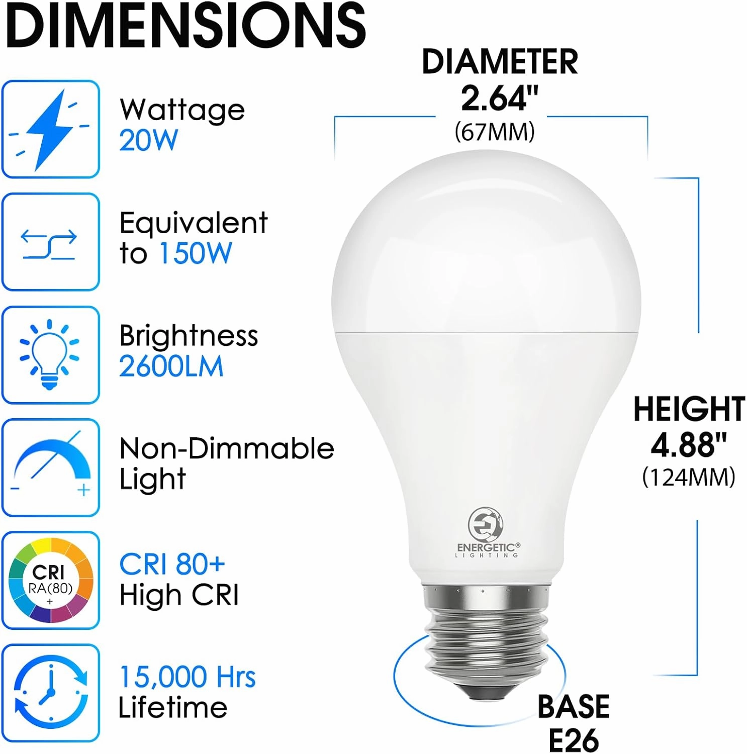 E ENERGETIC LIGHTING 4 Pack 150 Watt Equivalent LED Light Bulb, Super Bright A21 Light Bulb, Daylight 5000K, 2600 High Lumens LED Bulb, Non-Dimmable, E26 Base, UL Listed