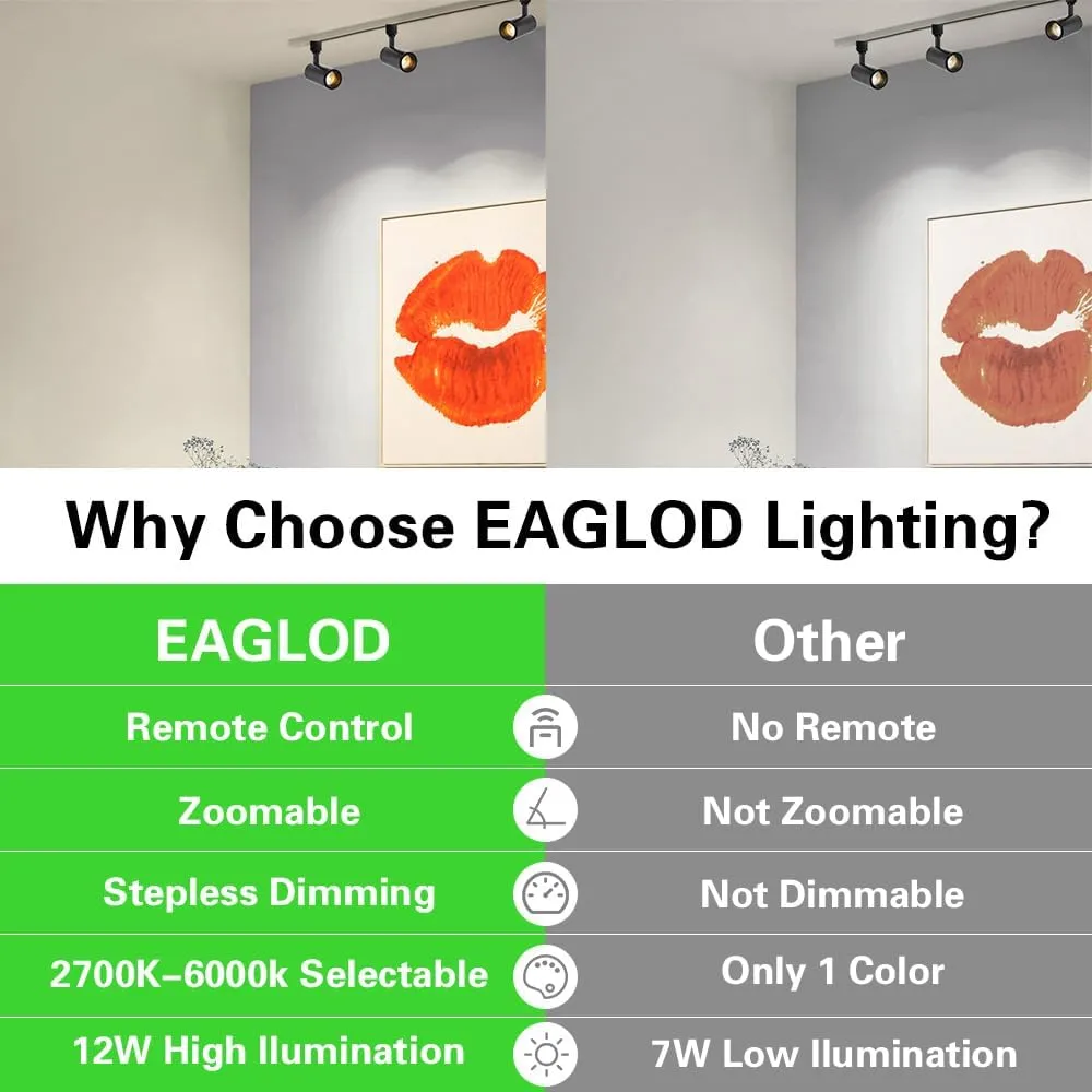 EAGLOD Zoomable 10W Track Light Heads,H Track Lighting Head with Remote,Stepless Dimming Bright LED Track Heads 2700K-6500K Adjustable,15°~60° Beam Angle for Home,Commercial,Artwork (Black, 2Pack)