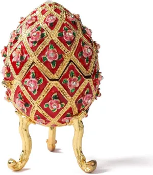 Easter Egg Style Flower Enamel Jewelry Trinket Box Hinged Victorian Ornaments Gift for Home Decor (Red)